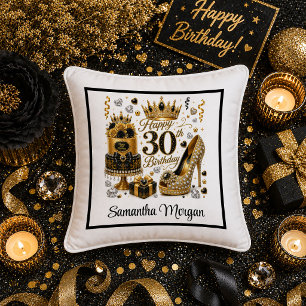 Gold Black Luxe Sparkle 30th Birthday Pillow
