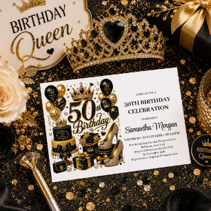 Gold Black Luxe Sparkle Fifty And Fabulous Birthda Invitation