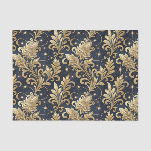 Gold & Black Luxurious Regal Damask Floral Pattern Tissue Paper (Front)