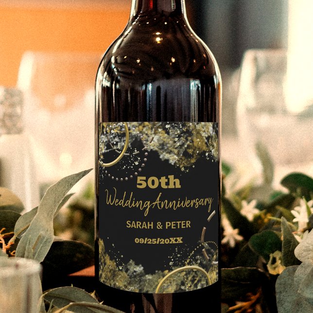 Gold Black Luxury Glam 50th Wedding Anniversary Wine Label (Creator Uploaded)