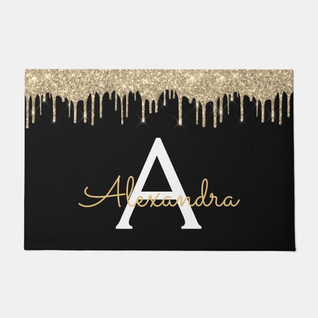 Gold Black Luxury Glitter Glam Monogram Name Doormat (Front)