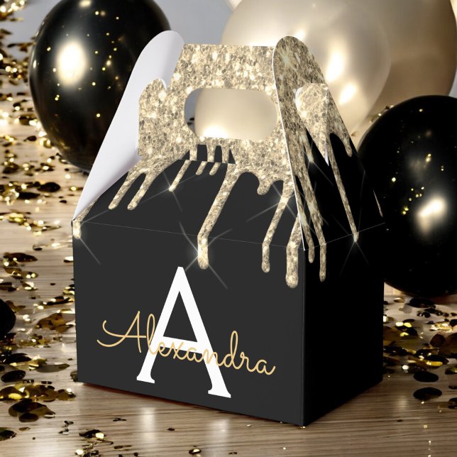 Gold Black Luxury Glitter Glam Monogram Name Favour Box (Creator Uploaded)