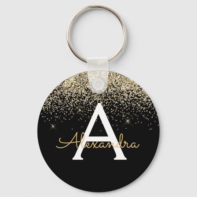 Gold Black Luxury Glitter Monogram Key Ring (Front)