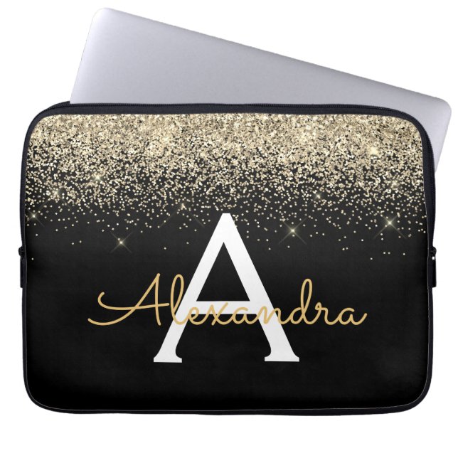 Gold Black Luxury Glitter Sparkle Monogram Laptop Sleeve (Front)