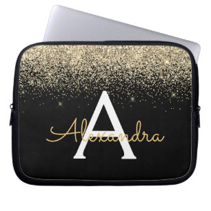 Gold Black Luxury Glitter Sparkle Monogram Laptop Sleeve