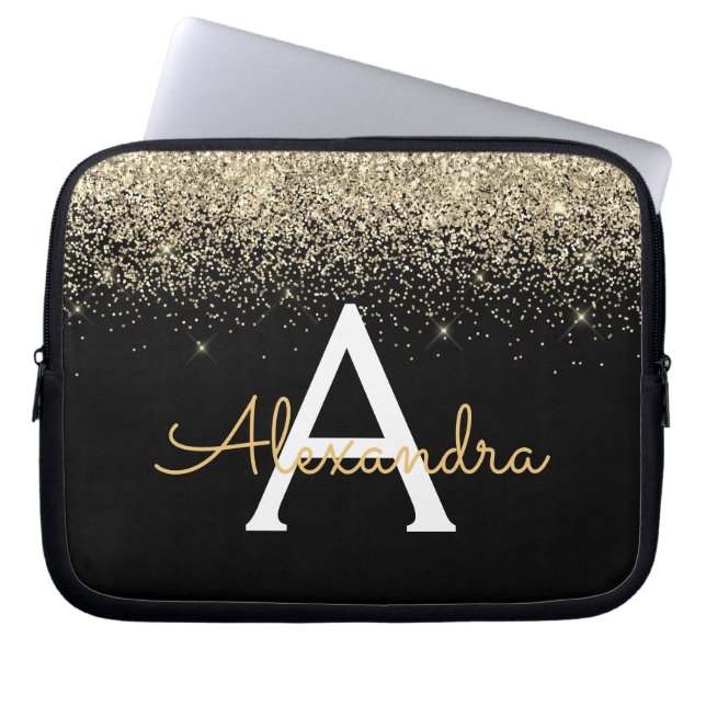 Gold Black Luxury Glitter Sparkle Monogram Laptop Sleeve (Front)