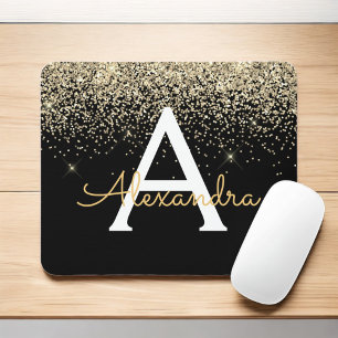 Gold Black Luxury Glitter Sparkle Monogram Mouse Mat