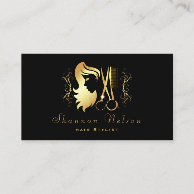 Gold & Black Luxury Hair stylist Salon Tools Business Card (Front)