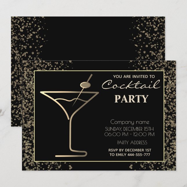 Gold black luxury holiday cocktail party  invitation (Front/Back)