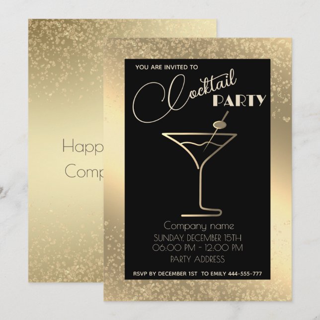 Gold black luxury holiday cocktail party  invitation (Front/Back)