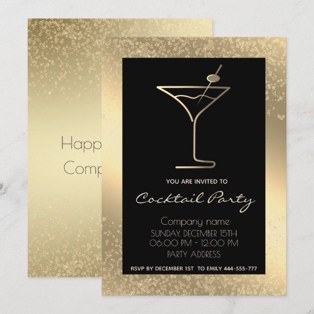 Gold black luxury holiday cocktail party  invitation (Front/Back)