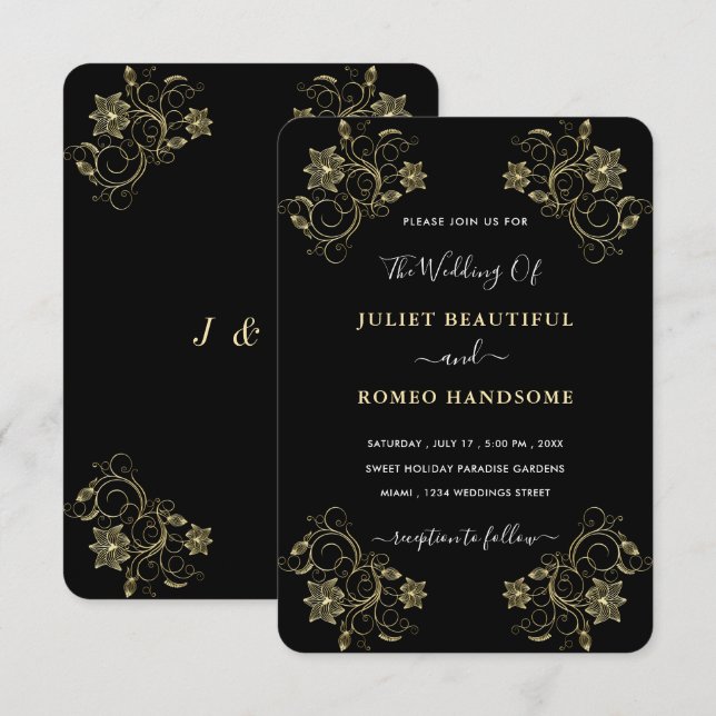 Gold Black Luxury Wedding Invitation with Flowers (Front/Back)