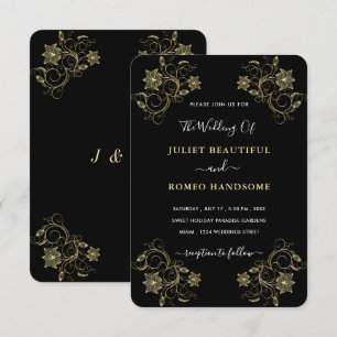 Gold Black Luxury Wedding Invitation with Flowers