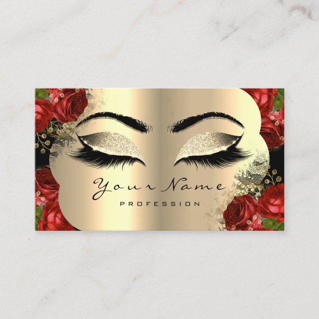 Gold Black Makeup Artist Lash Floral Red Roses Business Card (Front)