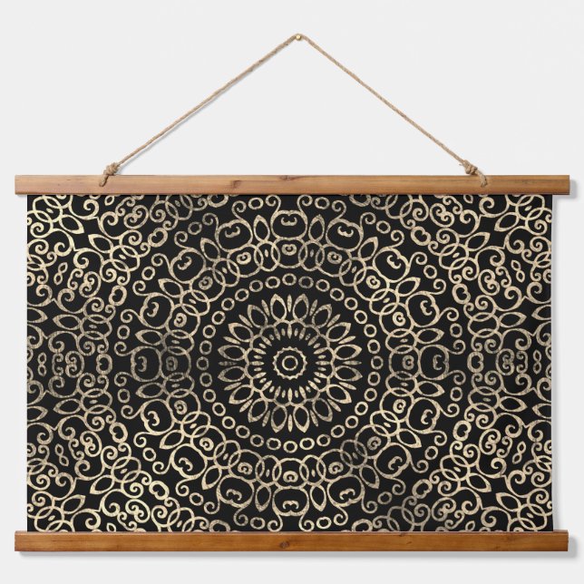  Gold Black Mandala Chic Trippy Psychedelic Hippie Hanging Tapestry (Front)