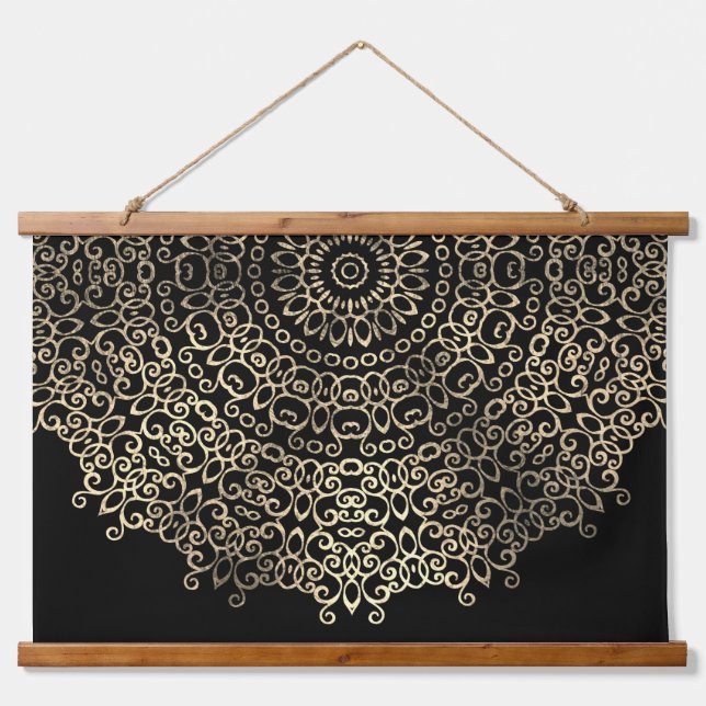  Gold Black Mandala Chic Trippy Psychedelic Hippie Hanging Tapestry (Front)