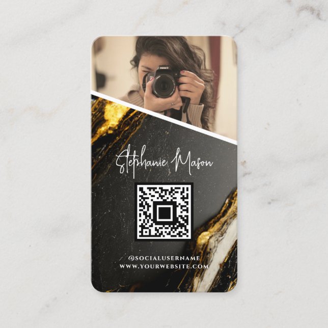 Gold Black Marble Photo QR Code Modern Photography Business Card (Front)