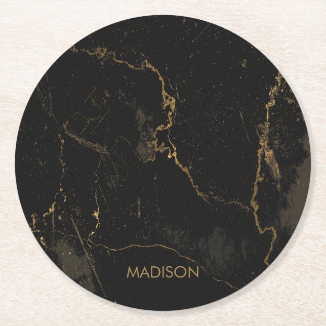 Gold Black Marble Round Paper Coaster (Front)