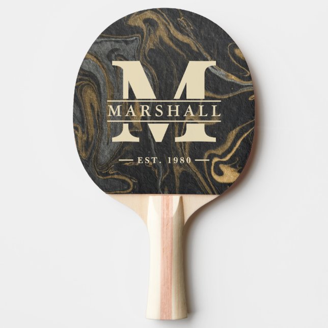 Gold Black Marble Swirl Monogram & Name Overlay Ping Pong Paddle (Front)