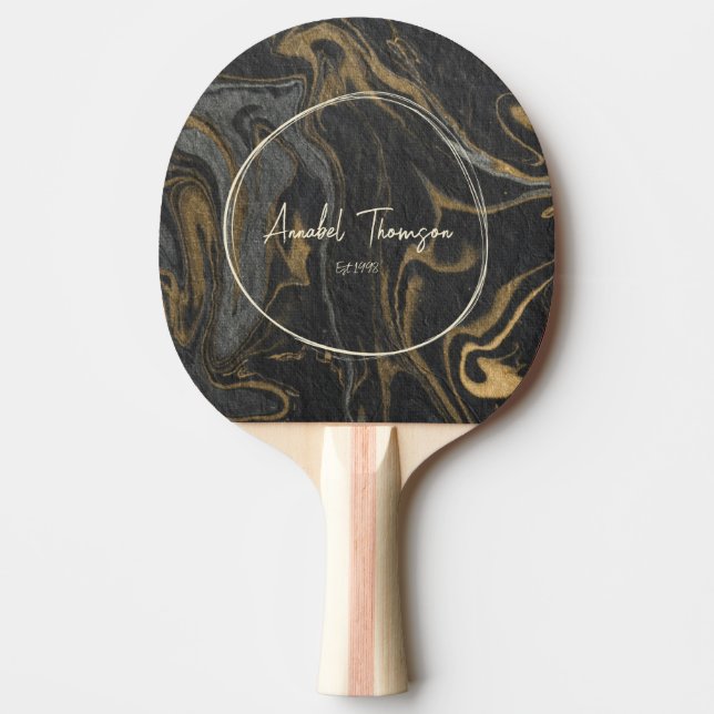 Gold Black Marble Swirl Name in Drawn Circle  Ping Pong Paddle (Front)