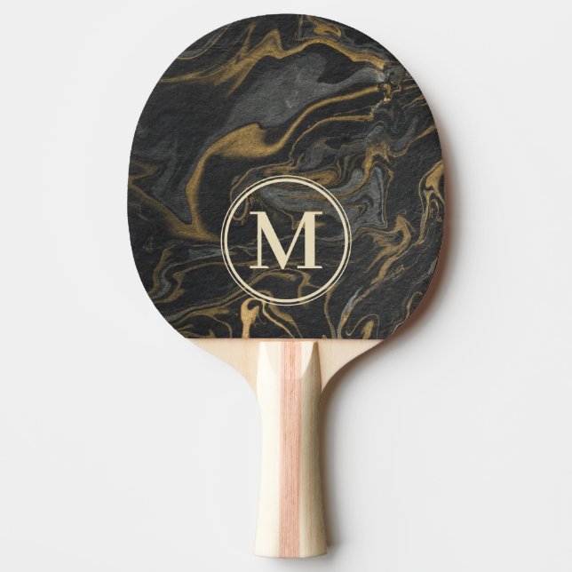 Gold Black Marble Swirl Stone Monogram Ping Pong Paddle (Front)