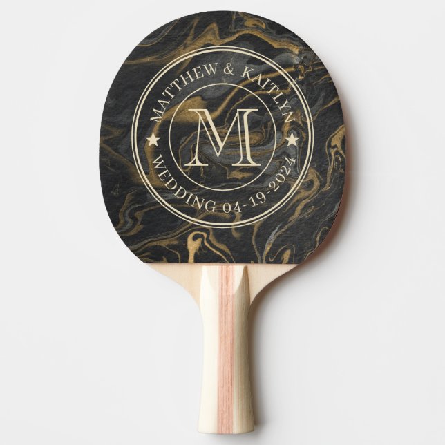 Gold Black Marble Swirl Wedding Monogram Star Ping Pong Paddle (Front)