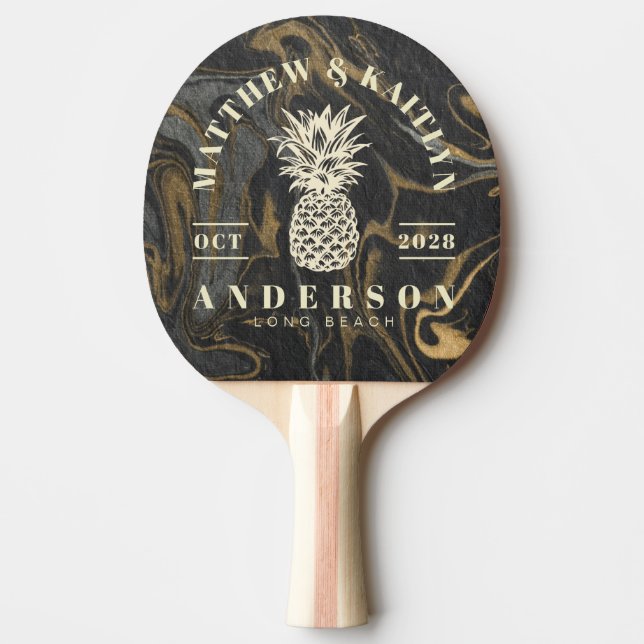 Gold Black Marble Tropical Pineapple Wedding Crest Ping Pong Paddle (Front)
