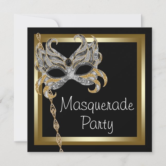 Gold Black Mask Masquerade Party Invitations (Front)