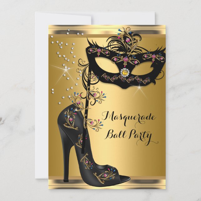 Gold Black Masquerade Ball Party Mask Jewel Invitation (Front)