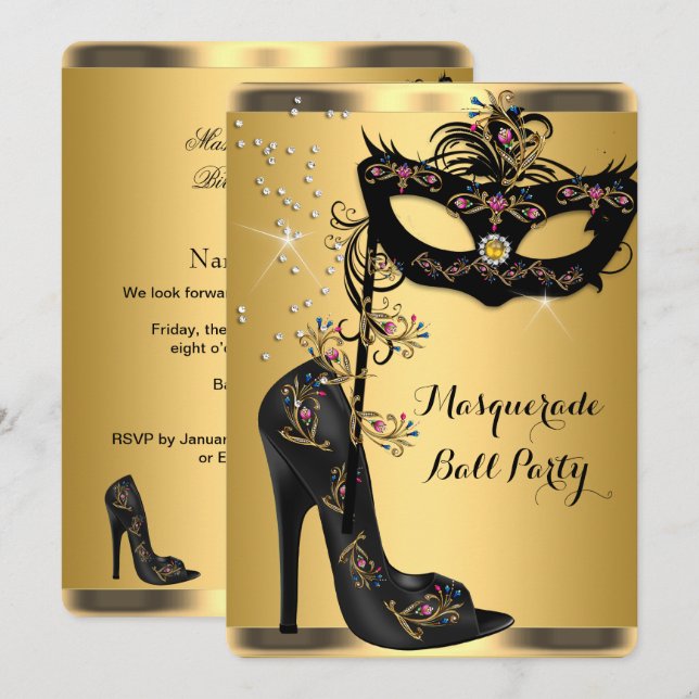 Gold Black Masquerade Ball Party Mask Jewel Invitation (Front/Back)