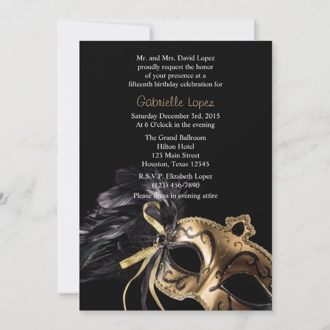 Gold Black Masquerade Ball Quinceanera Invitation (Back)