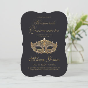 Gold Black Masquerade Quinceanera Birthday  Invitation