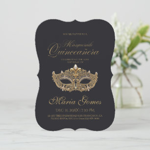 Gold Black Masquerade Quinceanera Birthday Invitation