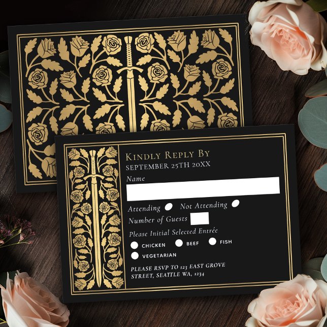 Gold Black Mediaeval Sword Wedding RSVP Card (Creator Uploaded)