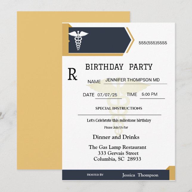 Gold Black Medical Prescription Pad Birthday   Invitation (Front/Back)