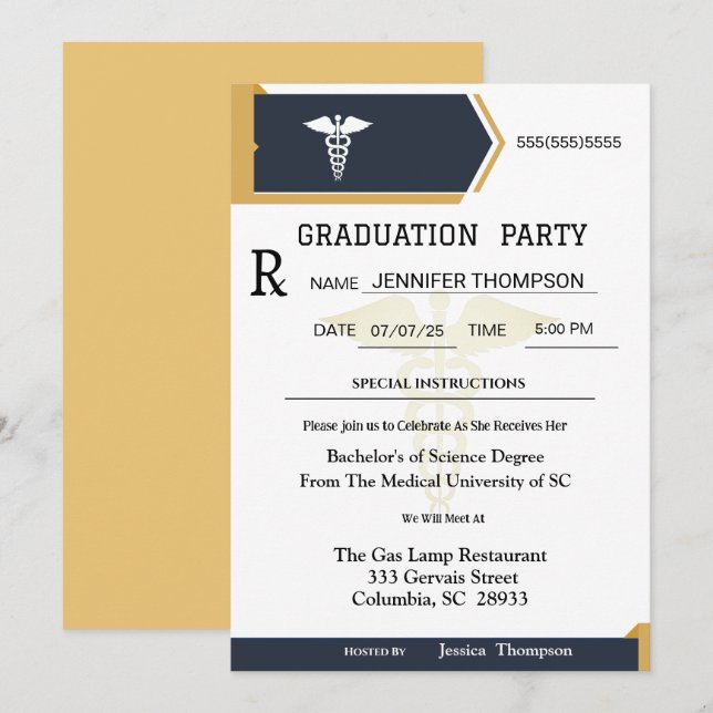 Gold Black Medical Prescription Pad Graduation  Invitation (Front/Back)