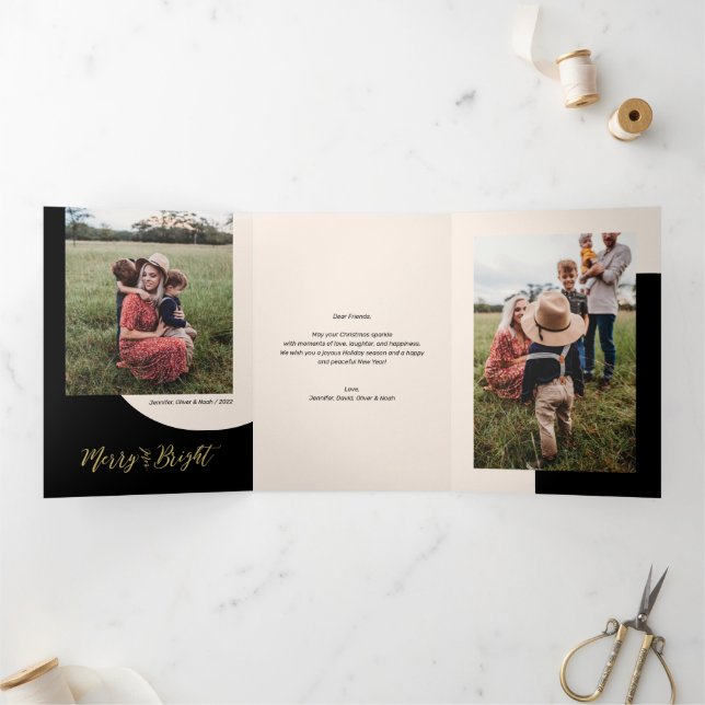 Gold & Black | Merry & Bright Christmas Photo Tri-Fold Holiday Card (Inside)