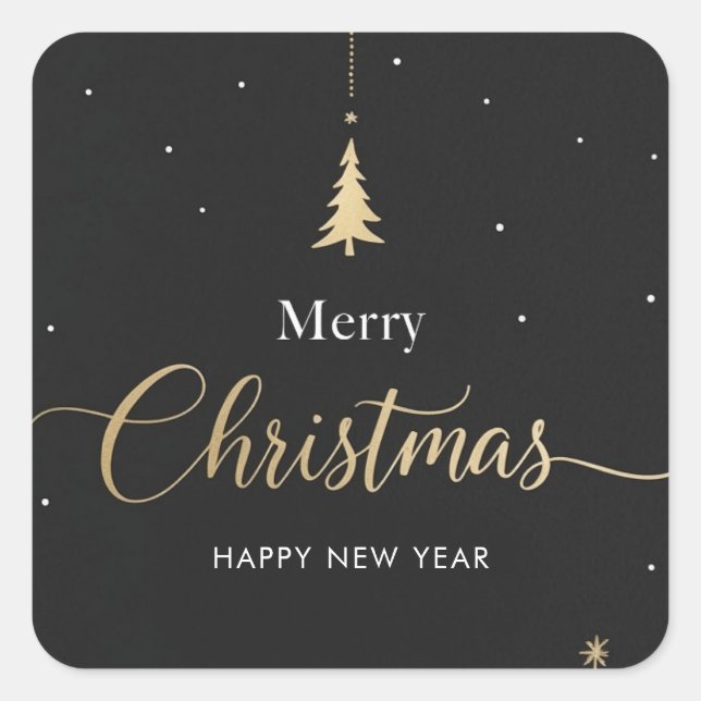 Gold & Black Merry Christmas Calligraphic Square Sticker (Front)