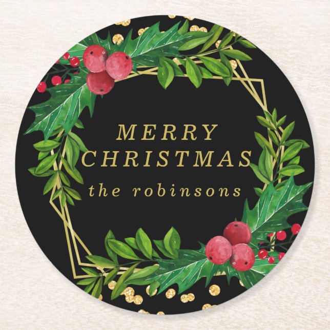 Gold Black Merry Christmas Party Holly Glitter Round Paper Coaster (Front)