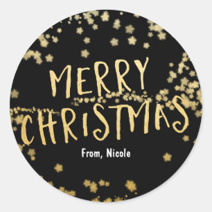 Gold & Black MERRY CHRISTMAS Stars Holiday Sticker