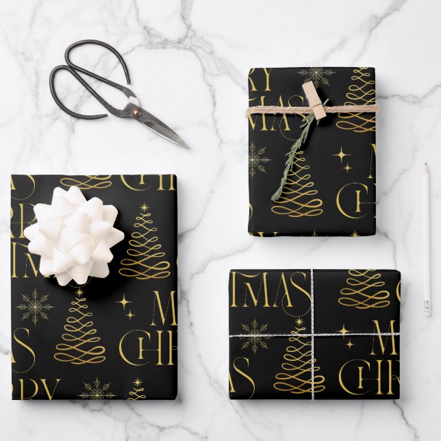 Gold Black Merry Christmas Tree Snowflake Stylish Wrapping Paper Sheet (Front)