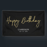 Gold & Black Minimal Custom Happy Birthday Banner<br><div class="desc">This simple birthday banner design features stylish script lettering "Happy Birthday" with custom texts. You can personalise the text. Perfect party decor for a modern black & gold birthday party. More matching items available at my shop BaraBomDesign.</div>