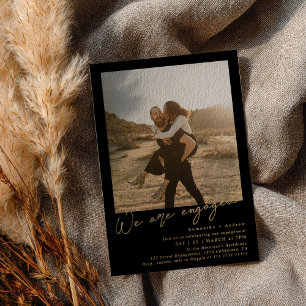 Gold Black minimalist 2 photos engagement party Invitation