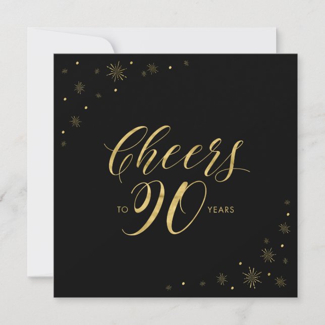 Gold & Black | Modern 90th Birthday Party Square Invitation (Front)