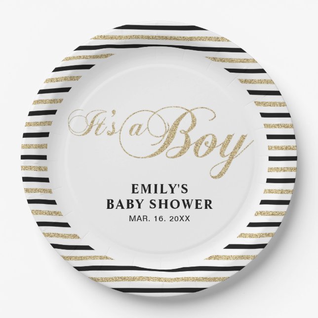 Gold & Black | Modern Baby Shower Party Plate (Front)