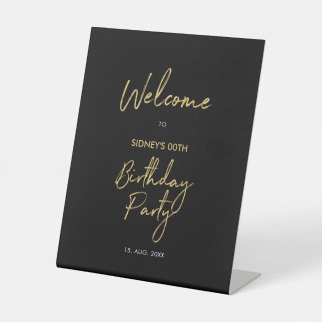 Gold & Black Modern Birthday Party Welcome Pedestal Sign (Front)