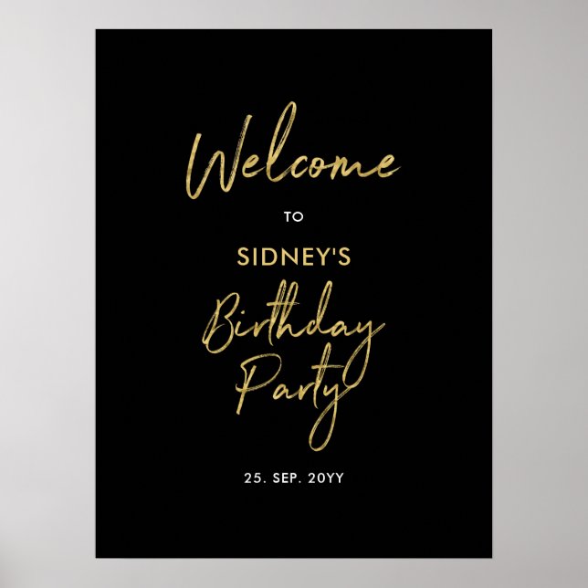 Gold & Black Modern Birthday Party Welcome Poster (Front)