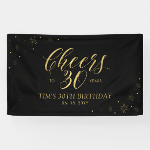 Gold & Black Modern Cheers 30th Birthday Party Banner