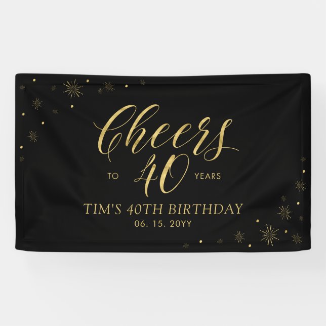 Gold & Black Modern Cheers 40th Birthday Party Banner (Horizontal)
