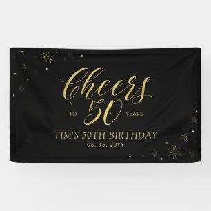 Gold & Black Modern Cheers 50th Birthday Party Banner